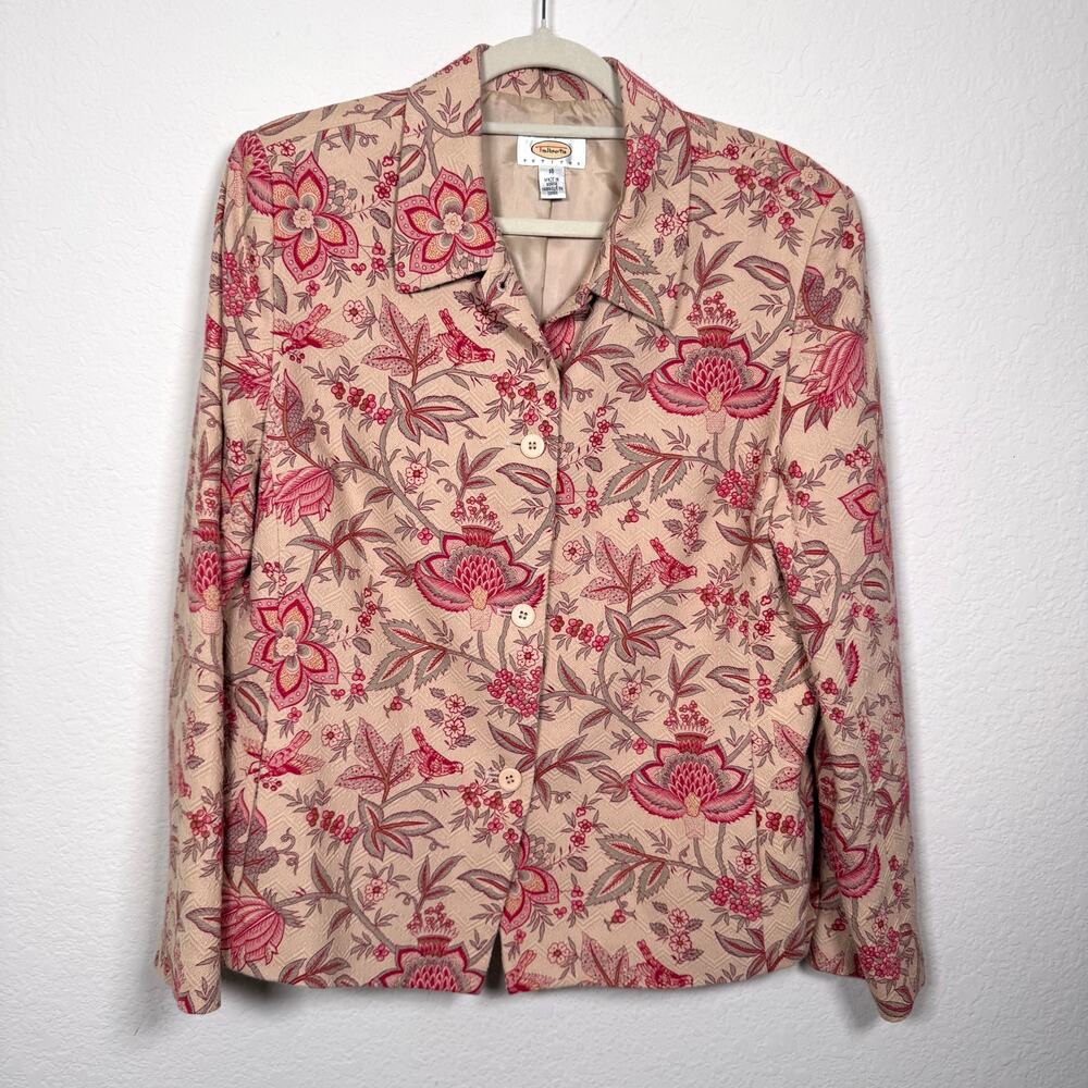 Talbots Womens Vintage Blazer Jacket Size 16 Cotton Silk Floral Textured Office